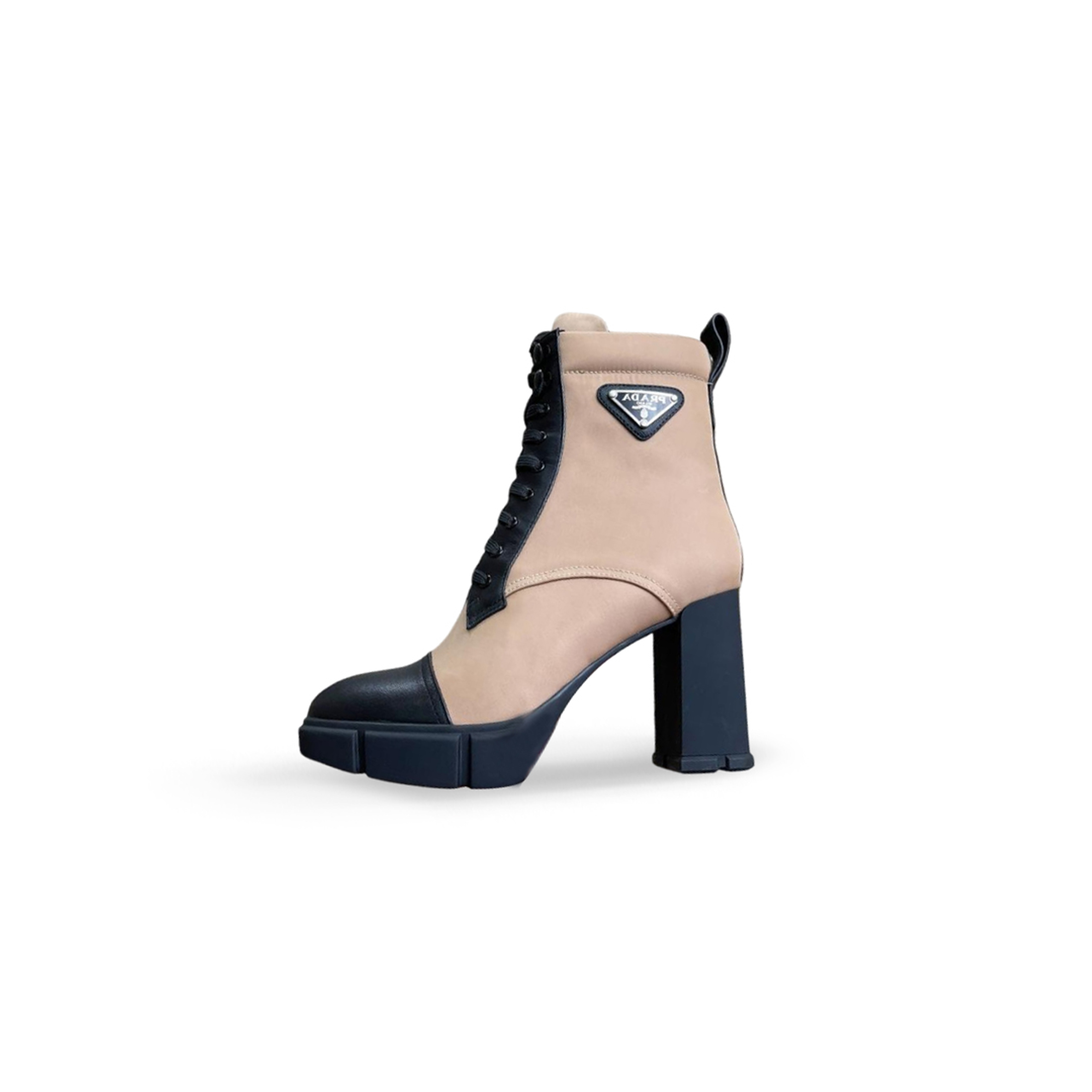 Pra*a polished cowhide splicing nylon block heel ankle boots